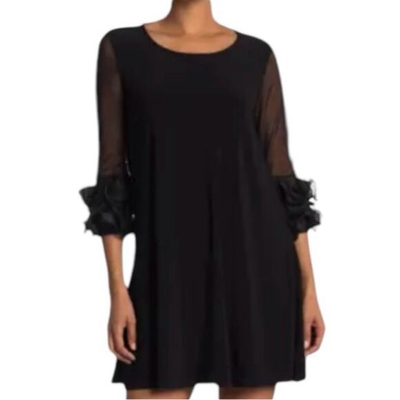 Nina Leonard Black Mesh Sleeve with Ruffle Cuff Dress Size Large - Picture 1 of 6